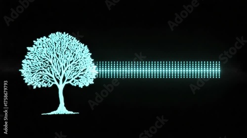 Glowing tree illustration with figures in background