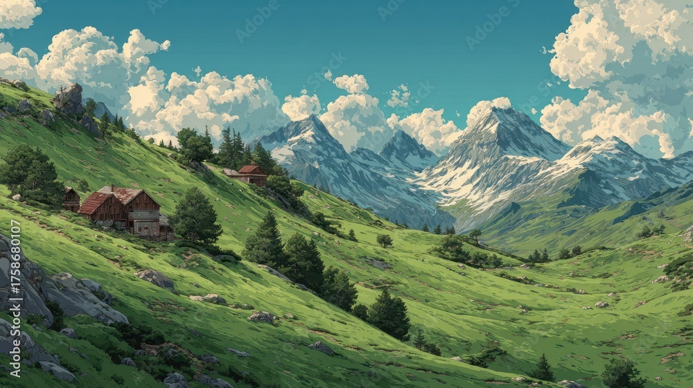 Fototapeta premium Idyllic mountain valley with alpine cottages and snow-capped peaks
