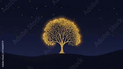 Glowing tree silhouette against a starry night sky