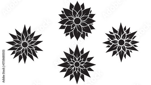 Poinsettia silhouette with layered pointed petals around center disc, refined black winter bloom for christmas decor, florals, and seasonal branding