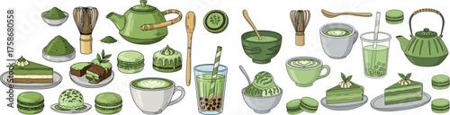Delightful Collection of Green Tea Flavored Desserts and Drinks, Illustration Design