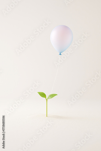 Seedling with Pastel Balloon over White Sand — Growth & Hope Concept