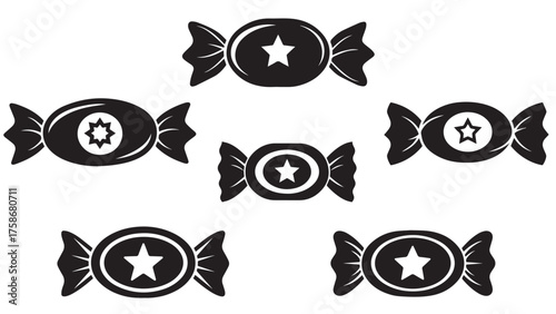 Candy wrapper silhouette with twist ends and central oval star cut-out, simple black treat mark for party favors, kids stickers, and retail sweets