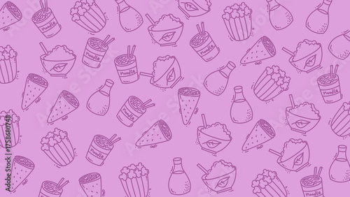 Playful seamless pattern featuring hand-drawn fast food items such as fries, burgers, tacos, and drinks on a purple background. Fun and modern design ideal for packaging, textiles, or wallpapers.