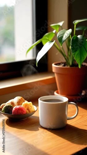 Coffee cup beside pastries and plant by window with sunlight