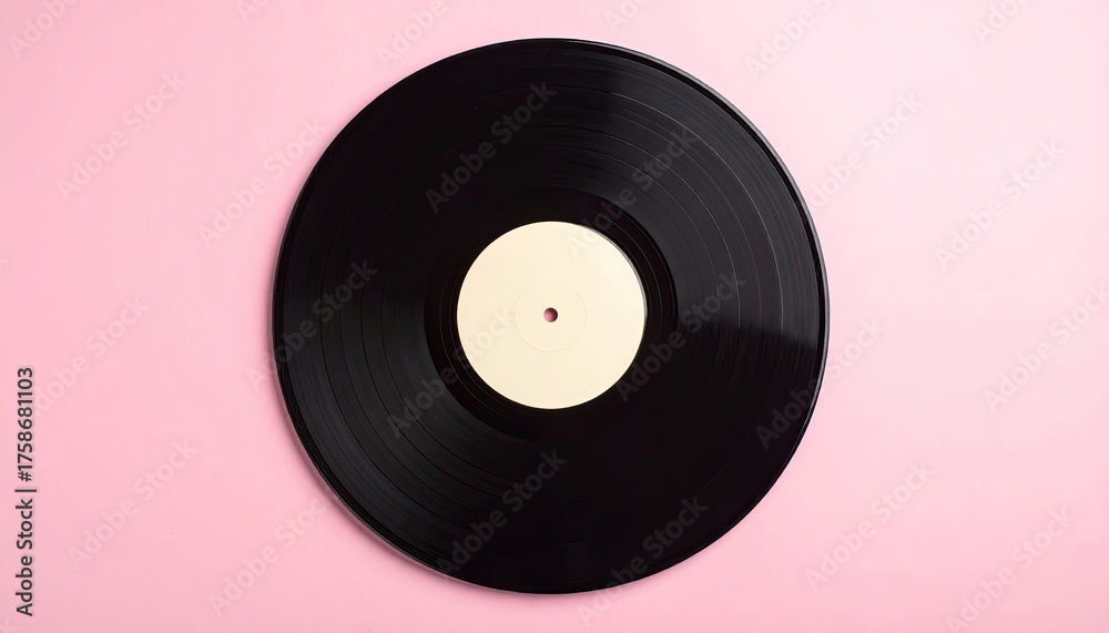 Fototapeta premium Single Black Vinyl Record With Light Yellow Label Centered On A Pastel Pink Background