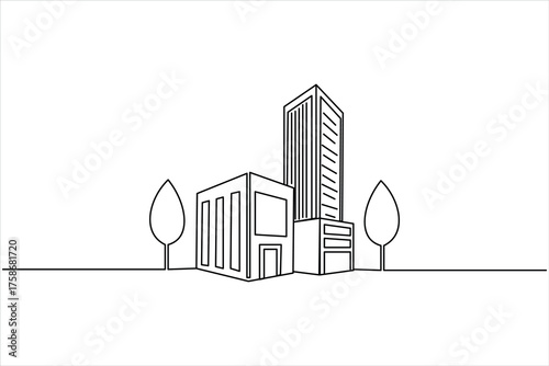 Modern skyscraper continuous line drawing minimalist city architecture design