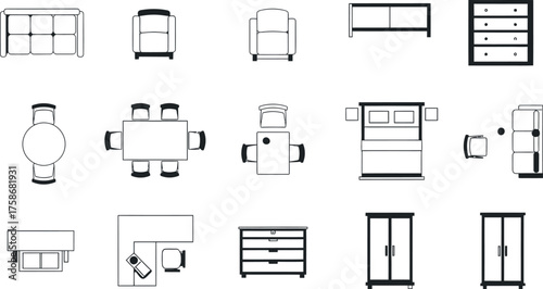 Architectural Furniture Plan Icons for Interior Design Projects, Illustrator Artwork