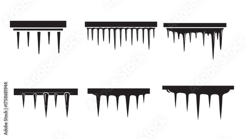 Icicles silhouette with horizontal eave bar and taper drips, crisp black winter freeze symbol for seasonal decor, weather warnings, and cold graphics