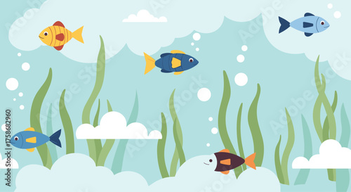 A whimsical underwater scene with colorful fish swimming amongst seaweed and clouds.