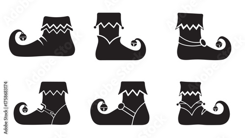 Elf shoe silhouette with upturned toe, bell circle, and zigzag cuff, playful black north pole costume detail for holiday crafts and kids party decor
