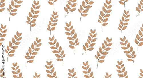 Abstract pattern of beige wheat stalks with leaves on a white background.