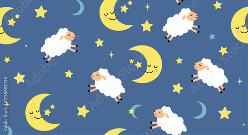 Cute sheep jumping over the moon and stars in a dreamy night sky.