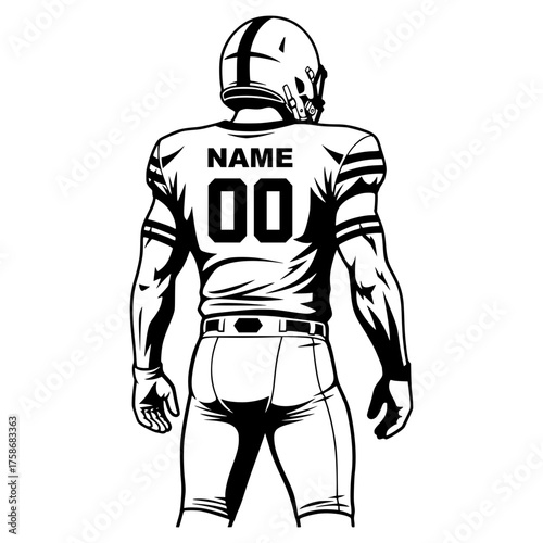 American Football Player Standing Back View Line Art Template, Customizable Jersey, Sport, Muscular