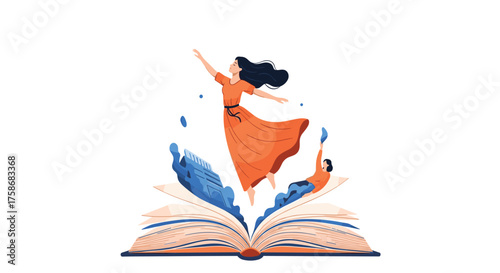 A woman jumps out of an open book with her arms outstretched.
