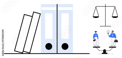 Two large folders lean next to balanced scales, symbolizing justice, law, knowledge, and equilibrium. Two individuals on a seesaw with a light bulb represent contrasting perspectives. Ideal for law