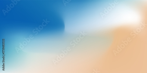 Abstract seaside. Ocean landscape vector texture. Aesthetic blue and beige gradient background. Blurred sea wave pattern. Sun, clouds, rays. Ocean breeze wide banner
