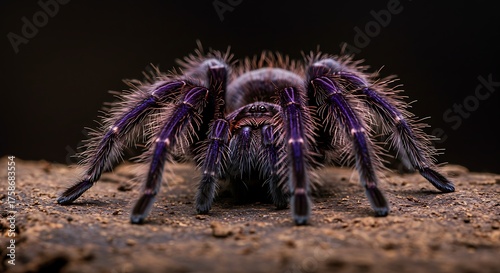 Close up view of a vibrant purple tarantula on a textured surface