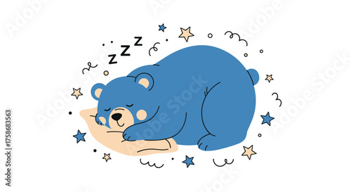 A cute blue bear is sleeping peacefully on a pillow with stars.