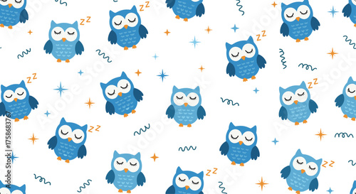 Cute blue owls sleeping on a white background with stars and zigzags.
