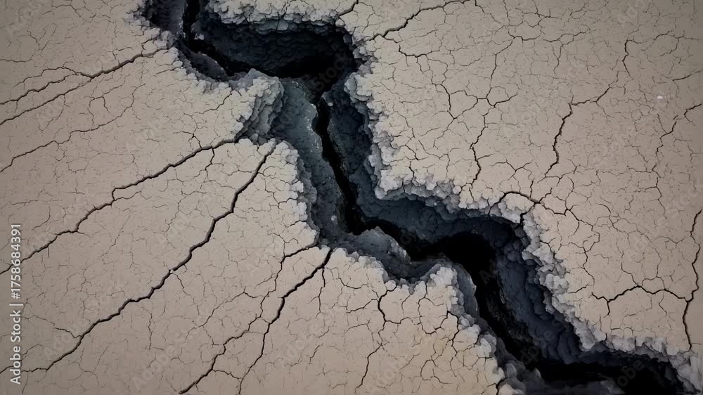 A stark image depicts a deep chasm slicing through cracked, arid earth ...