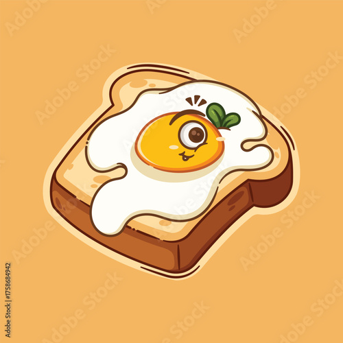 Happy Fried Egg on Toast Cartoon Breakfast