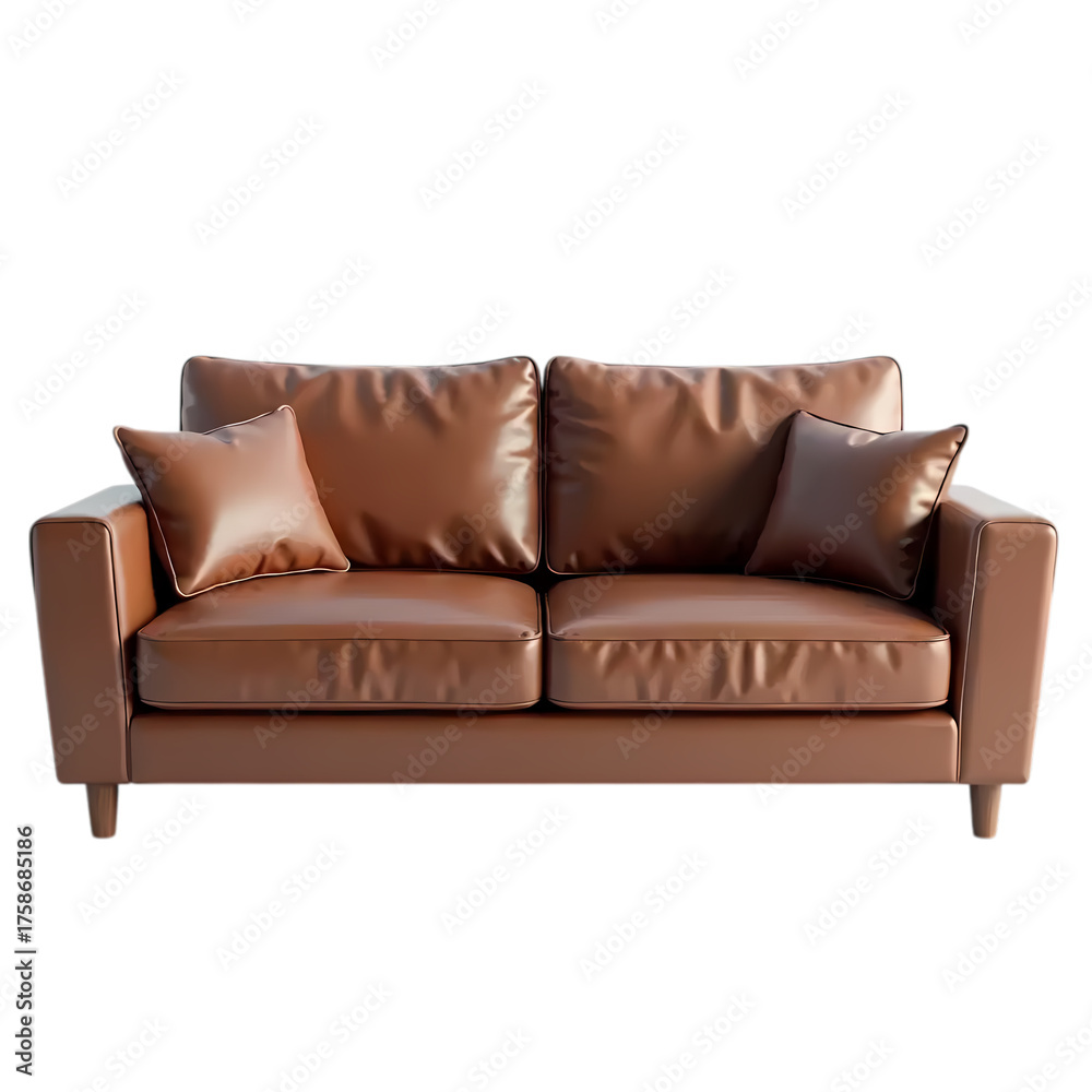 Fototapeta premium Brown Leather Sofa with Cushions isolated on transparent background