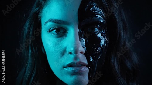 Woman with half robotic face illuminated by blue and green light.