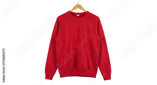 Vibrant red sweatshirt on wooden hanger isolated on black background