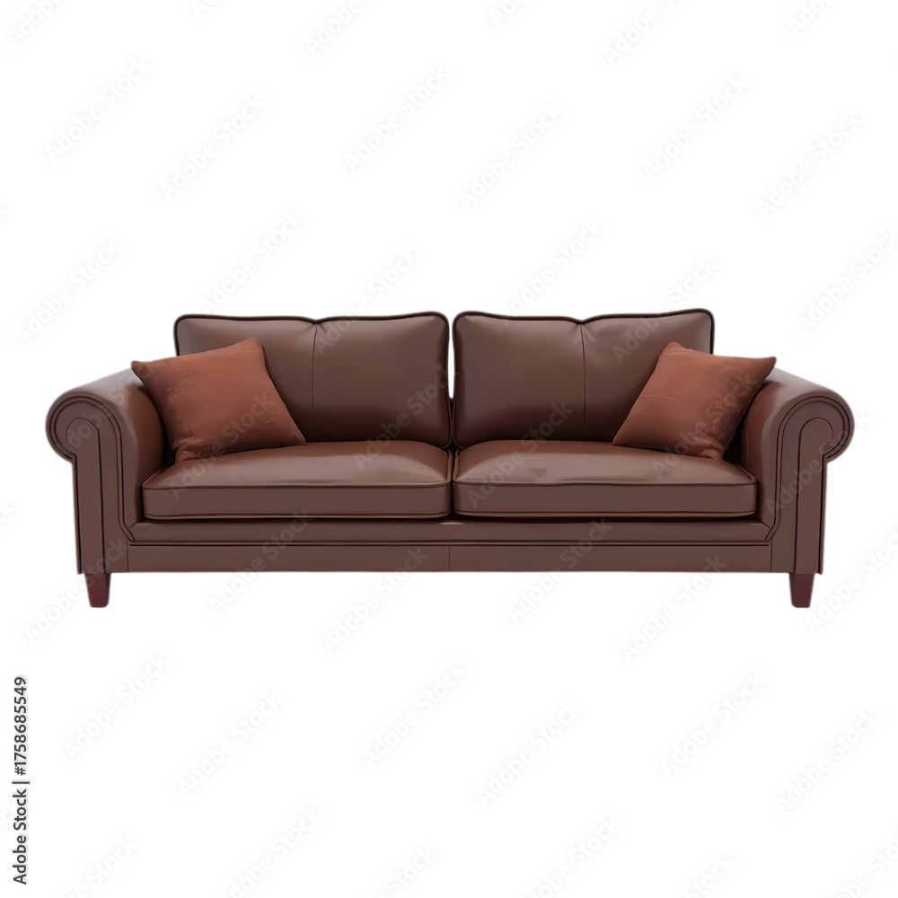 Fototapeta premium Brown Leather Sofa with Cushions isolated on transparent background