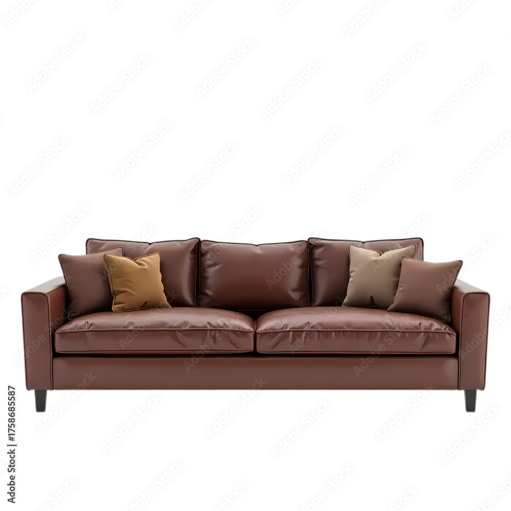 Obraz premium Brown Leather Sofa with Cushions isolated on transparent background