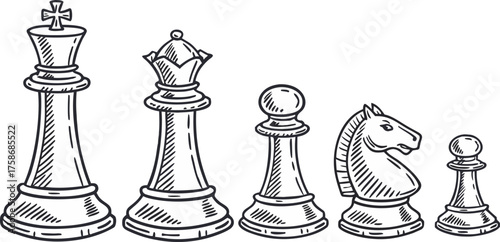 A line drawing illustration of six chess pieces a pawn, rook, queen, king, bishop, and knight, arranged in a row. The pieces are depicted in a detailed, hand-drawn style with hatching and cross-hatchi