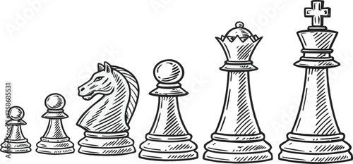 A line drawing illustration of six chess pieces a pawn, rook, queen, king, bishop, and knight, arranged in a row. The pieces are depicted in a detailed, hand-drawn style with hatching and cross-hatchi