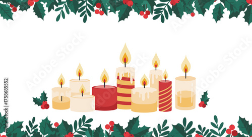 A festive collection of burning Christmas candles in various designs.