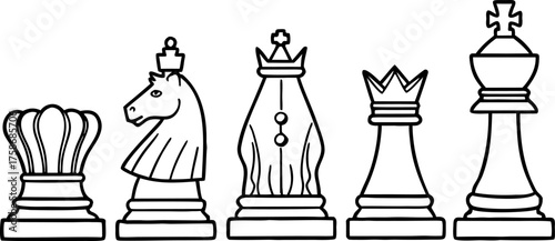 A line drawing illustration of six chess pieces a pawn, rook, queen, king, bishop, and knight, arranged in a row. The pieces are depicted in a detailed, hand-drawn style with hatching and cross-hatchi