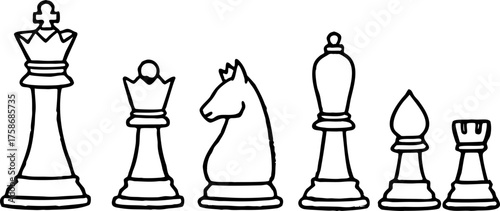 A line drawing illustration of six chess pieces a pawn, rook, queen, king, bishop, and knight, arranged in a row. The pieces are depicted in a detailed, hand-drawn style with hatching and cross-hatchi