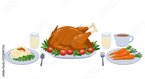 A Delicious Thanksgiving Dinner Spread with Roasted Turkey and Sides.