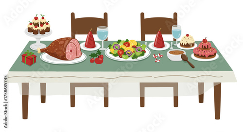 Festive Dinner Table with Ham Salad and Desserts Illustration.