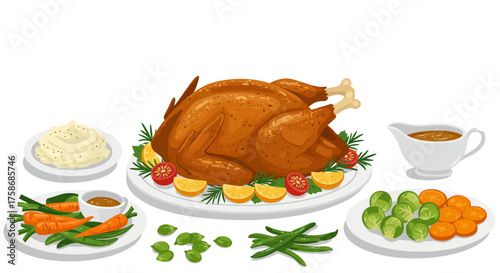 Traditional Thanksgiving dinner feast with roasted turkey and side dishes.