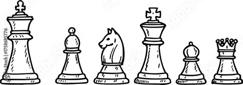 A line drawing illustration of six chess pieces a pawn, rook, queen, king, bishop, and knight, arranged in a row. The pieces are depicted in a detailed, hand-drawn style with hatching and cross-hatchi