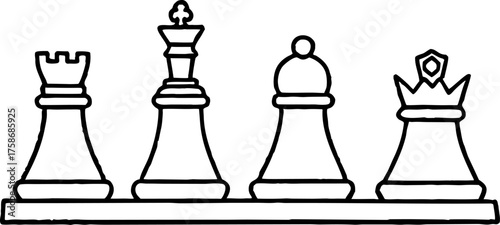A line drawing illustration of six chess pieces a pawn, rook, queen, king, bishop, and knight, arranged in a row. The pieces are depicted in a detailed, hand-drawn style with hatching and cross-hatchi