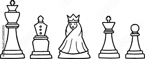 A line drawing illustration of six chess pieces a pawn, rook, queen, king, bishop, and knight, arranged in a row. The pieces are depicted in a detailed, hand-drawn style with hatching and cross-hatchi