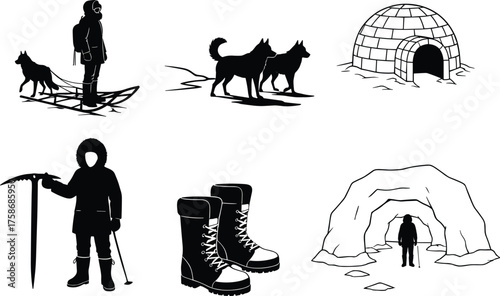 Arctic explorer silhouettes with sled dogs, igloo, snow cave, winter boots, and ice pick, black vector illustration for adventure, expedition, and cold climate exploration