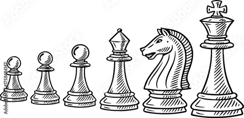 A line drawing illustration of six chess pieces a pawn, rook, queen, king, bishop, and knight, arranged in a row. The pieces are depicted in a detailed, hand-drawn style with hatching and cross-hatchi