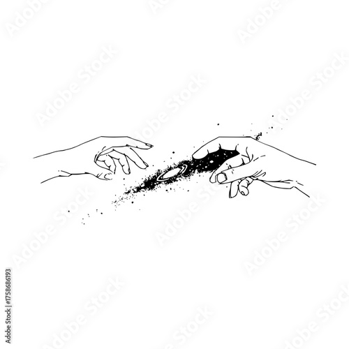 Creation hands reaching galaxy space cosmic universe stars connection divine art vector illustration