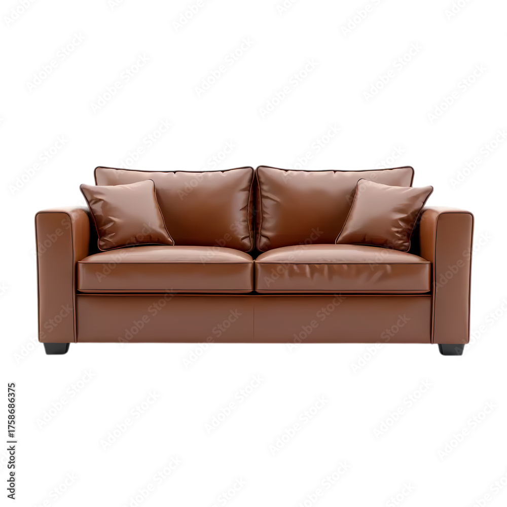 Fototapeta premium Brown Leather Sofa with Cushions isolated on transparent background