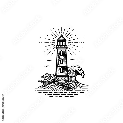 Lighthouse illustration sea waves ocean nautical beacon maritime coast drawing line art vector graphic design