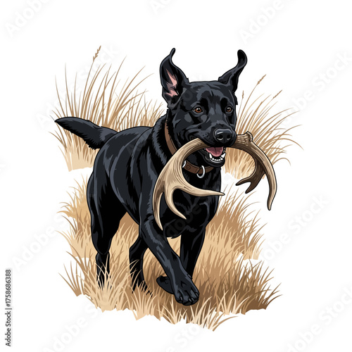 Black Labrador dog retrieving a deer antler in a field of dry grass vector