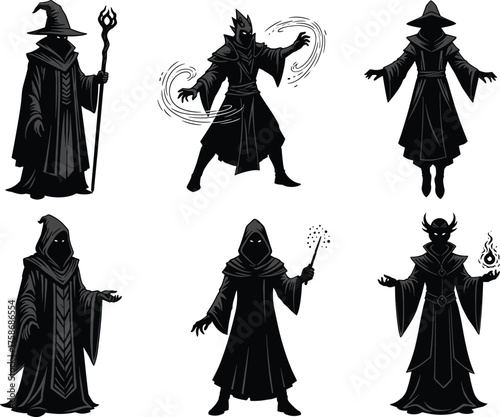 Black wizard and sorcerer silhouette collection, magical fantasy character vector illustration set with wand, spell, fire power, and mystical energy design
