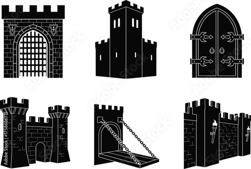 castle, medieval, tower, gate, wall, torch, drawbridge, fortress, battlement, iron, hinge, entrance, chain, fantasy, defense, castle gate, medieval tower, fortress wall, iron door, torch decor,